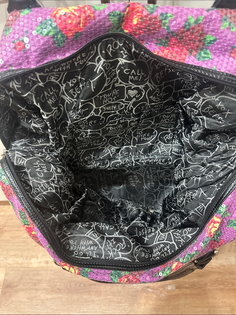Betsey Johnson Purple Floral Travel Bag with Black Handles - Picture 7 of 9